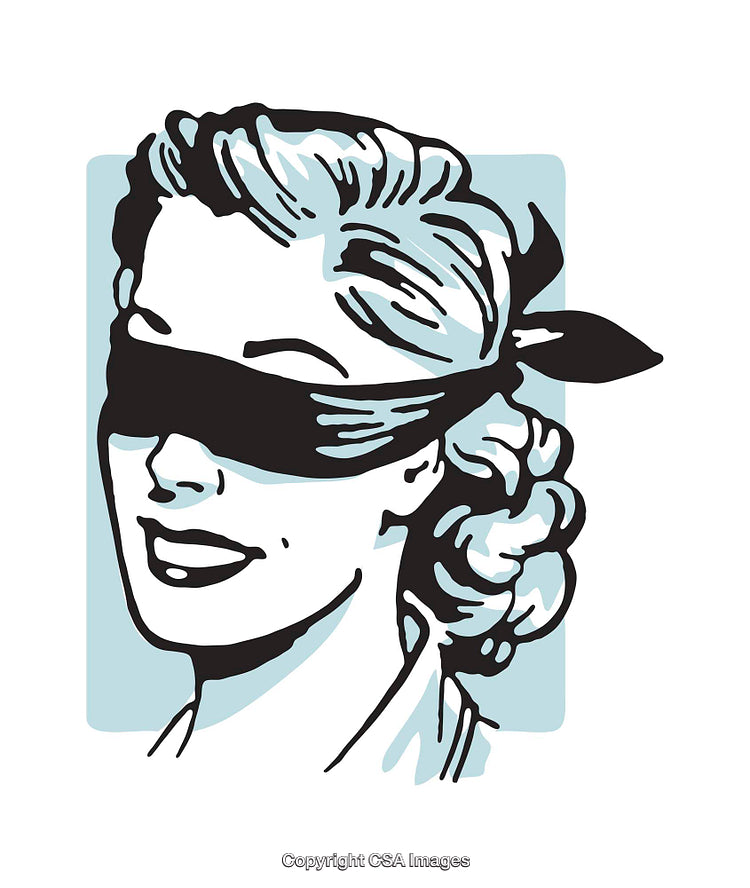 Retro Illustration Featuring a Blindfolded Woman in Colorful Artwork Style