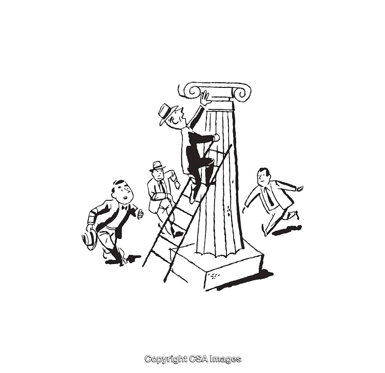 Businessmen Climbing a Ladder on a Column in Black and White Line Art