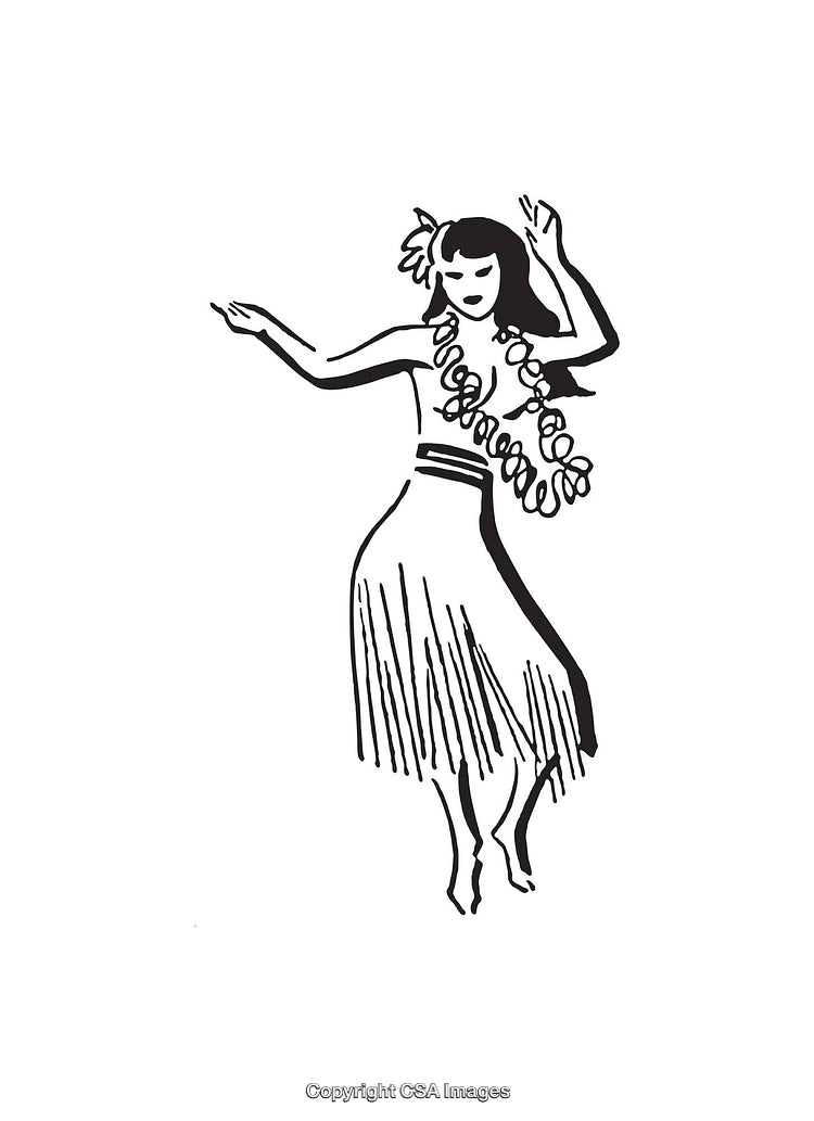 Black and White Line Art of Traditional Hula Dancer in Classic Pose