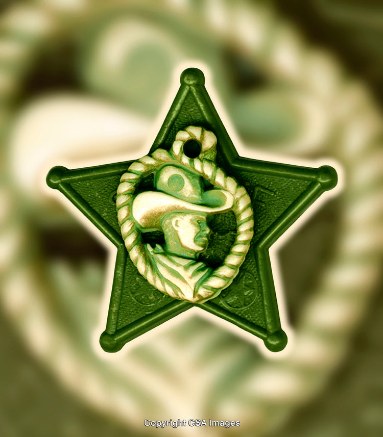 Green Star-Shaped Cowboy Badge Toy with Rope Detail Background