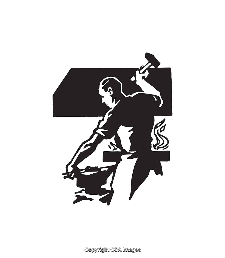 Black And White Illustration of a Blacksmith Working At His Forge
