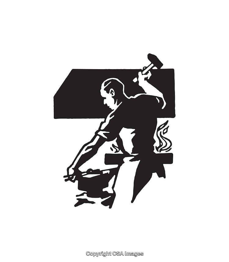 Black And White Illustration of a Blacksmith Working At His Forge
