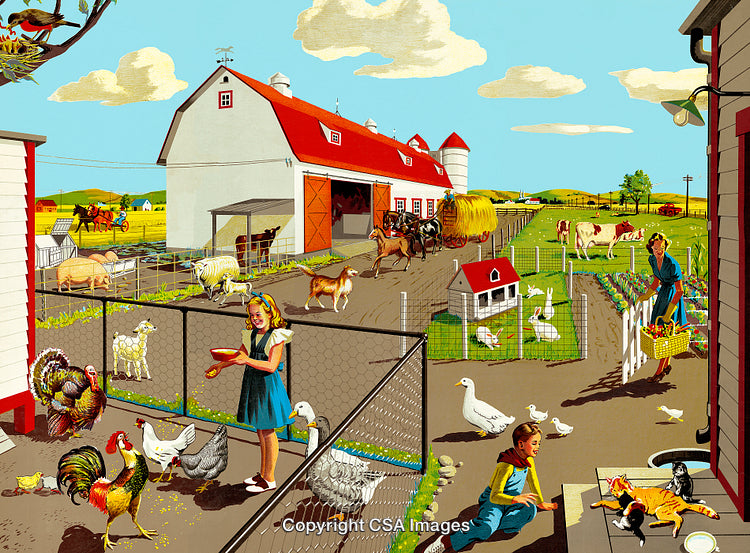 Vintage Illustration of a Vibrant Family Farm with Animals and Activities