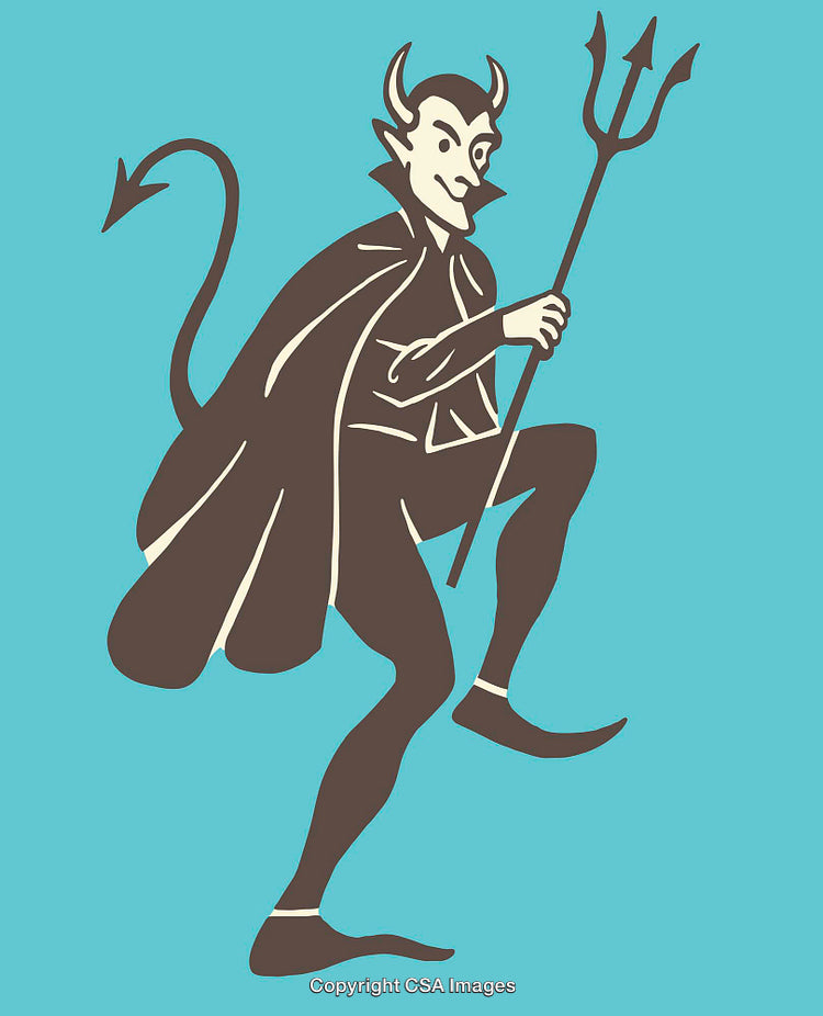 Playful Devil Character Illustration with Pitchfork and Cloak