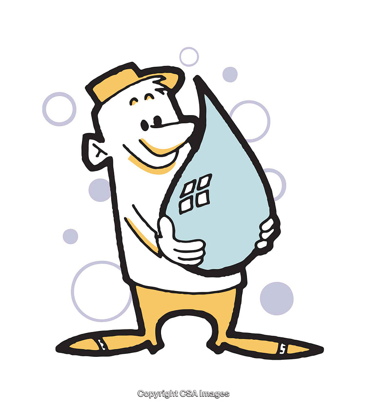 Cartoon Illustration of a Happy Worker Holding a Teardrop Emblem