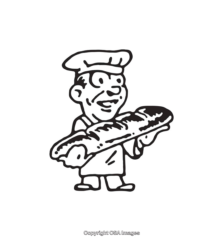 Black and White Illustration of a Baker Holding a Baguette