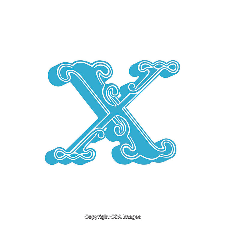 Elaborate Blue Letter X in Decorative Typeface Style