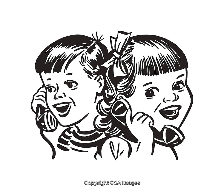 Retro Black and White Line Art of Two Happy Children on Phones