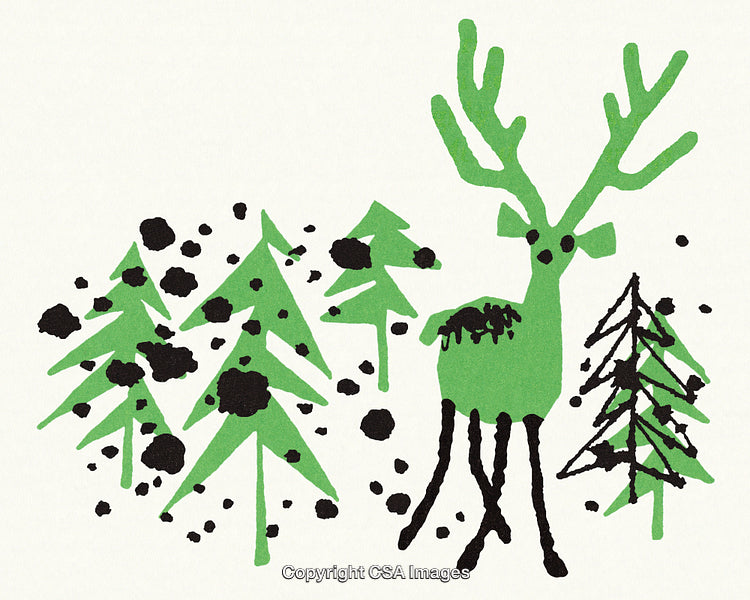 Stylized Green Deer in Abstract Forest with Black Accents