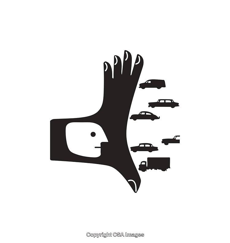 Creative Black and White Illustration Featuring Hand and Vehicle Icons