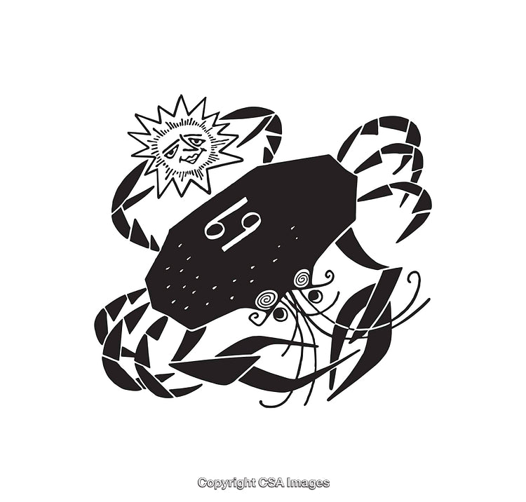 Black and White Zodiac Cancer Art Illustration with Sun Symbol