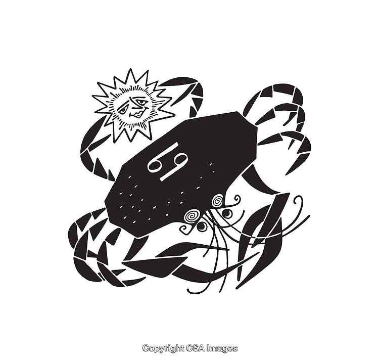 Black and White Zodiac Cancer Art Illustration with Sun Symbol
