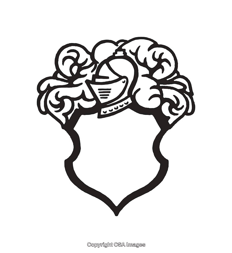 Ornamental Black and White Line Art Shield with Decorative Helmet Design