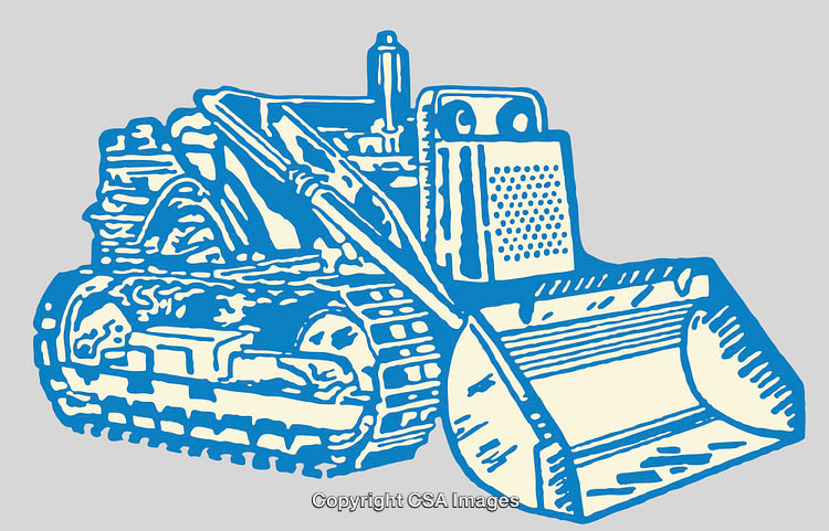 Vintage Style Bulldozer Illustration in Blue and Beige Color Scheme