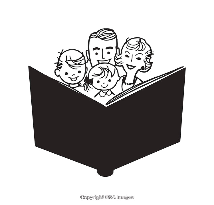 Family Reading Together Displayed in Black and White Line Art