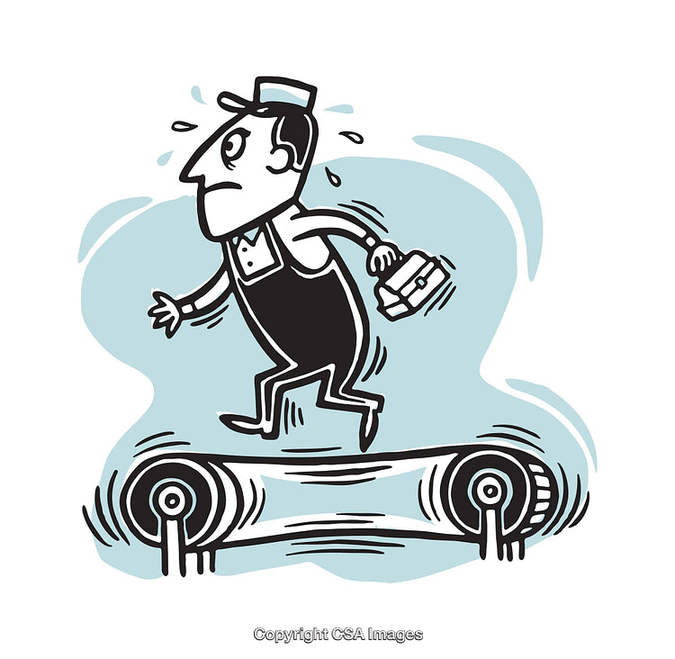 Cartoon Character Running on Conveyor Belt in Amusing Illustration