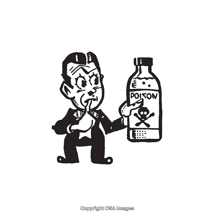 Retro Black and White Illustration of a Man with a Poison Bottle