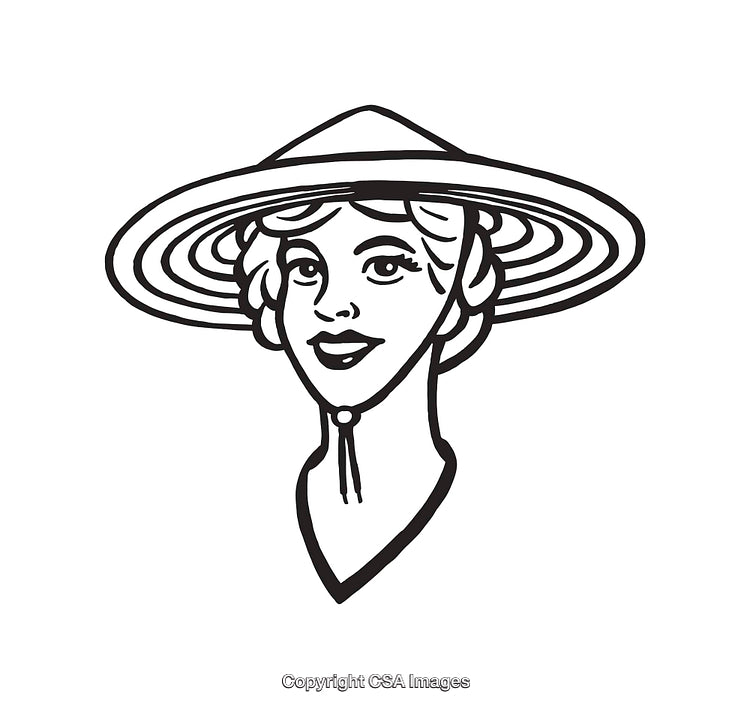 Vintage Line Art Illustration of a Woman in a Wide-Brimmed Hat