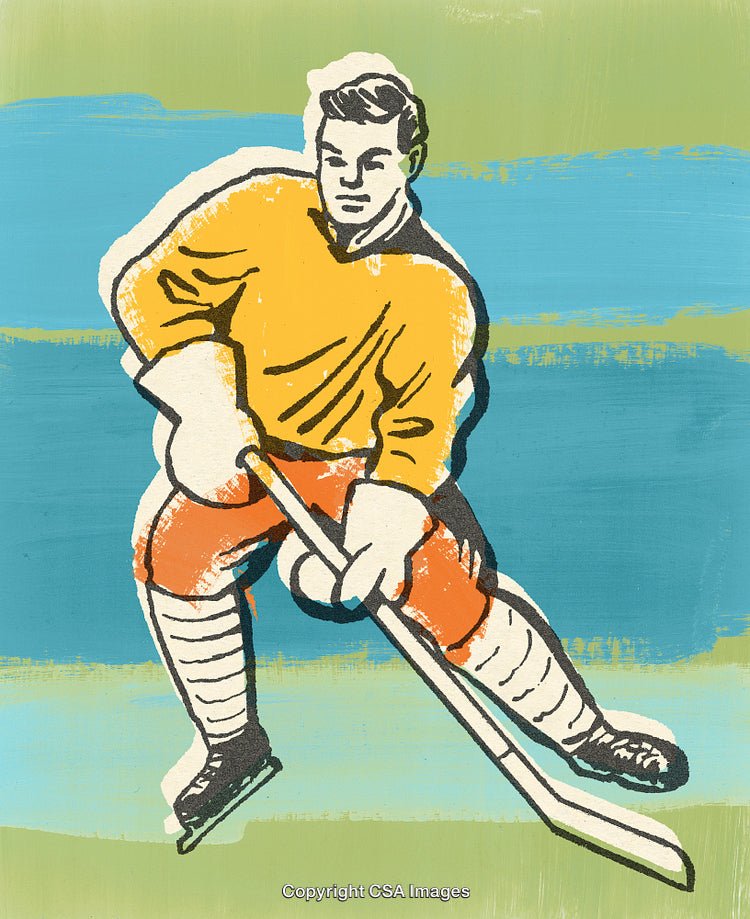 Dynamic Illustration of a Vintage Ice Hockey Player in Action on Colorful Background