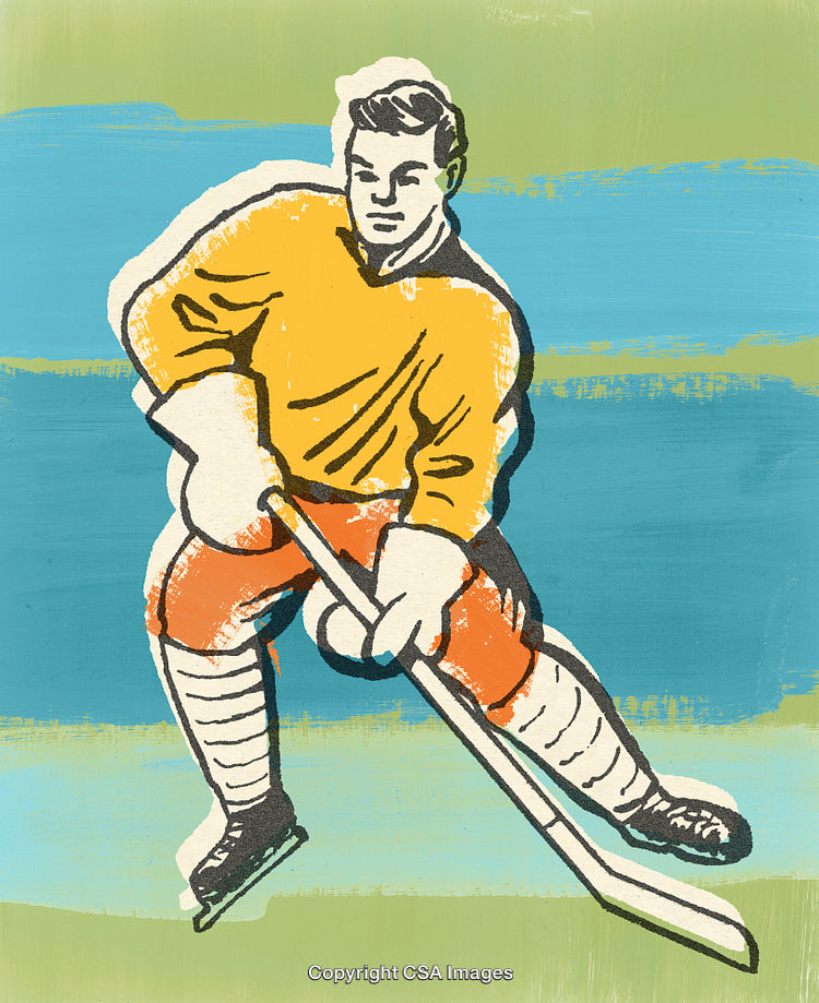 Dynamic Illustration of a Vintage Ice Hockey Player in Action on Colorful Background