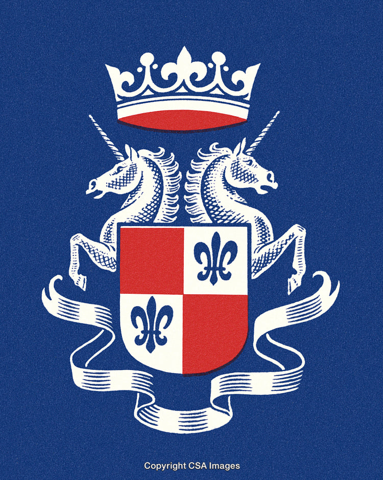 Heraldic Coat of Arms Featuring Two Unicorns and a Crown on a Blue Background