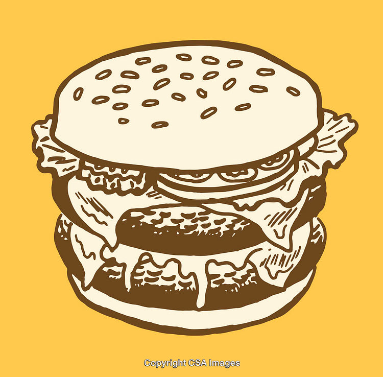 Hand-Drawn Color Line Art of a Delicious Cheeseburger on Yellow Background