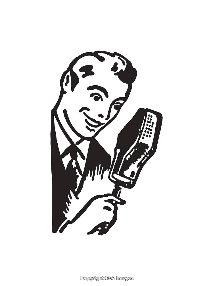Retro Style Black and White Illustration of Man Holding a Microphone