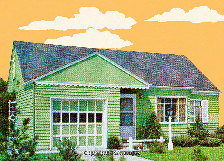 Retro Green House Illustration with Yellow Sky and Cloud Accents