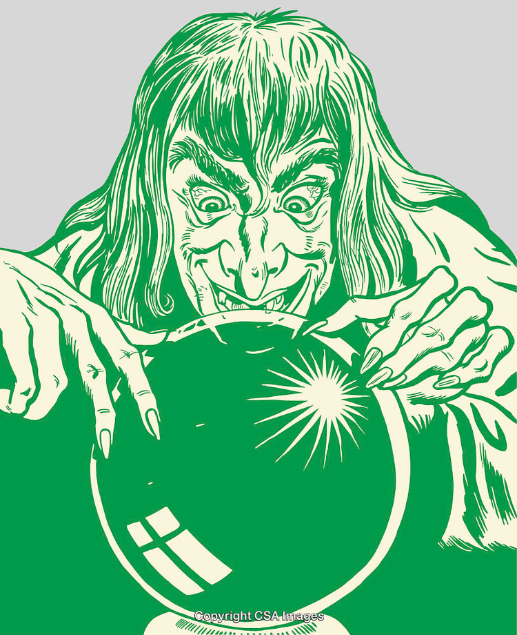 Illustration of a Witch Gazing Into a Glowing Crystal Ball