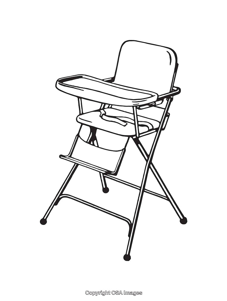Black and White Line Drawing of a Foldable High Chair