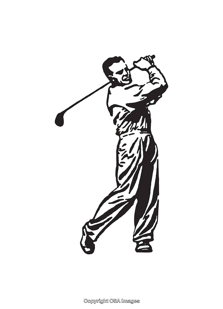 Vintage Black and White Line Art of a Golf Player Swinging a Club