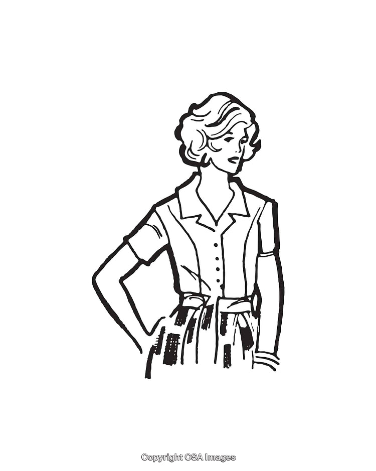 Vintage Black-and-White Line Drawing of a Stylish Woman in Retro Fashion