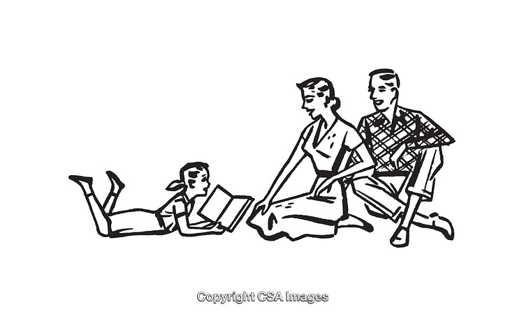 Vintage Black And White Line Art of a Family Reading Together
