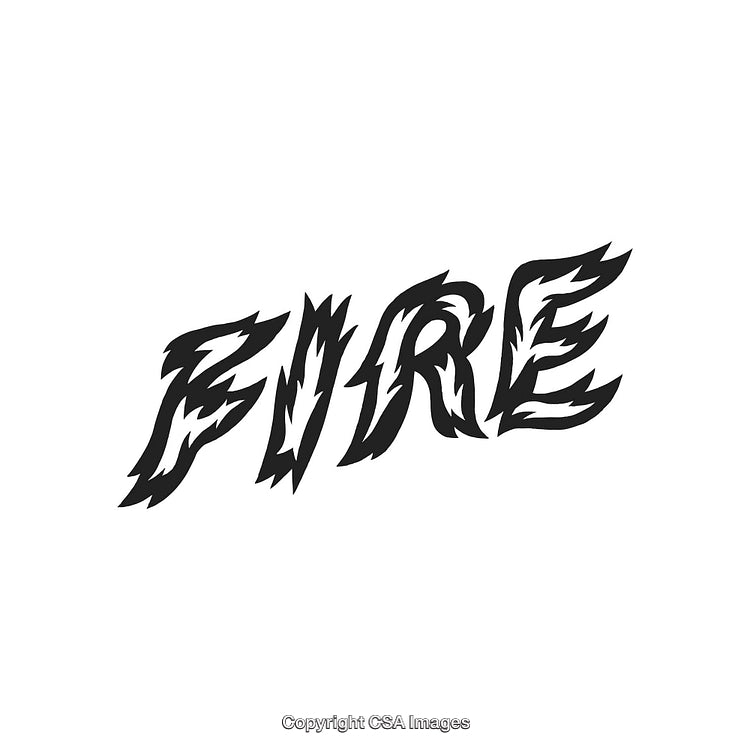 Decorative Flaming Fire Text in Black Abstract Lettering on a White Background