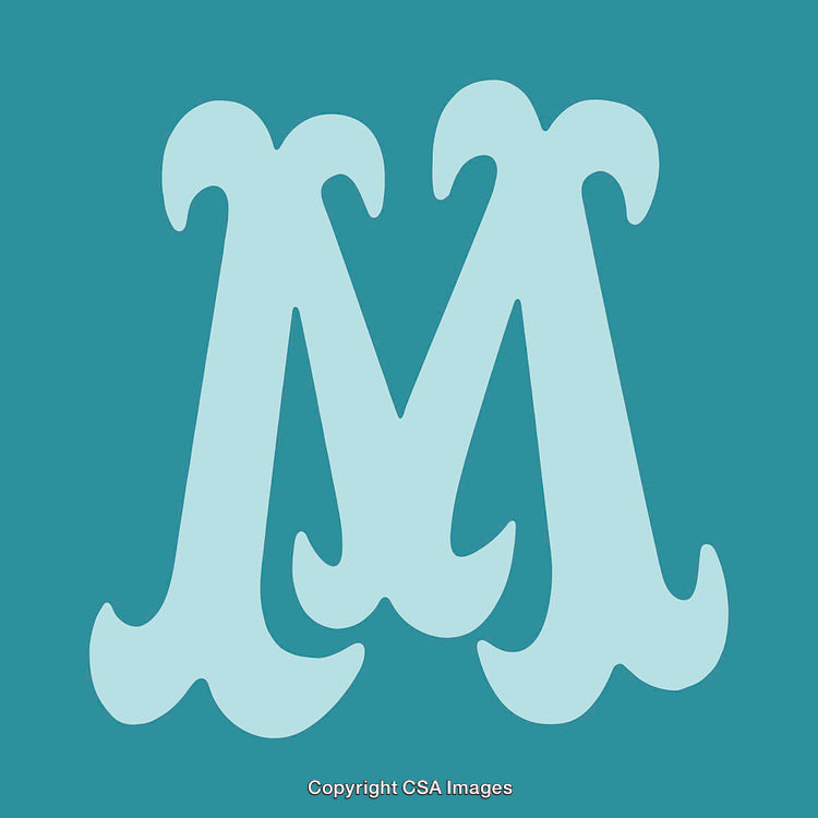 Elegant Serif Letter M in Light Blue on Teal Background