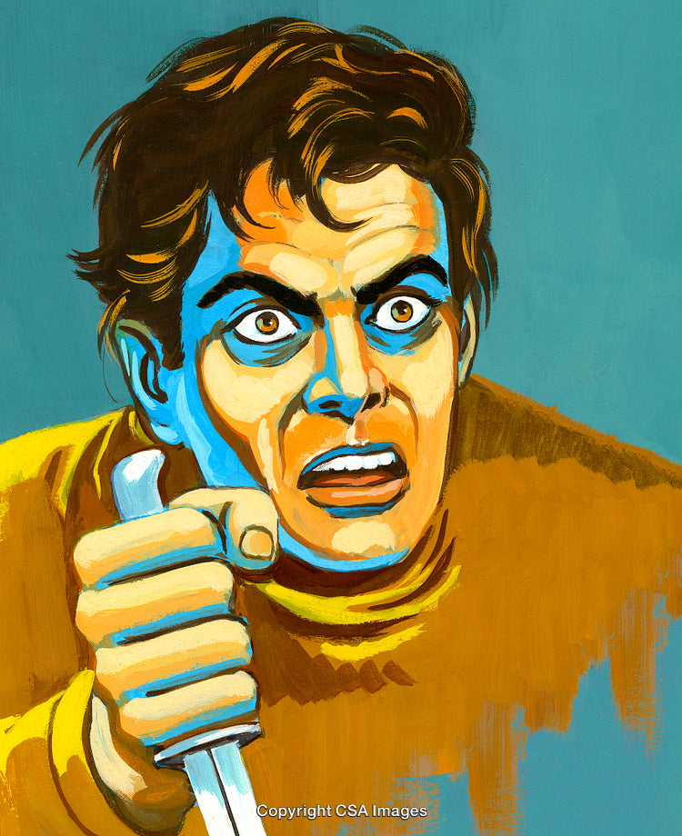 Frightened Man Holding Knife in Vibrant Retro-Style Illustration
