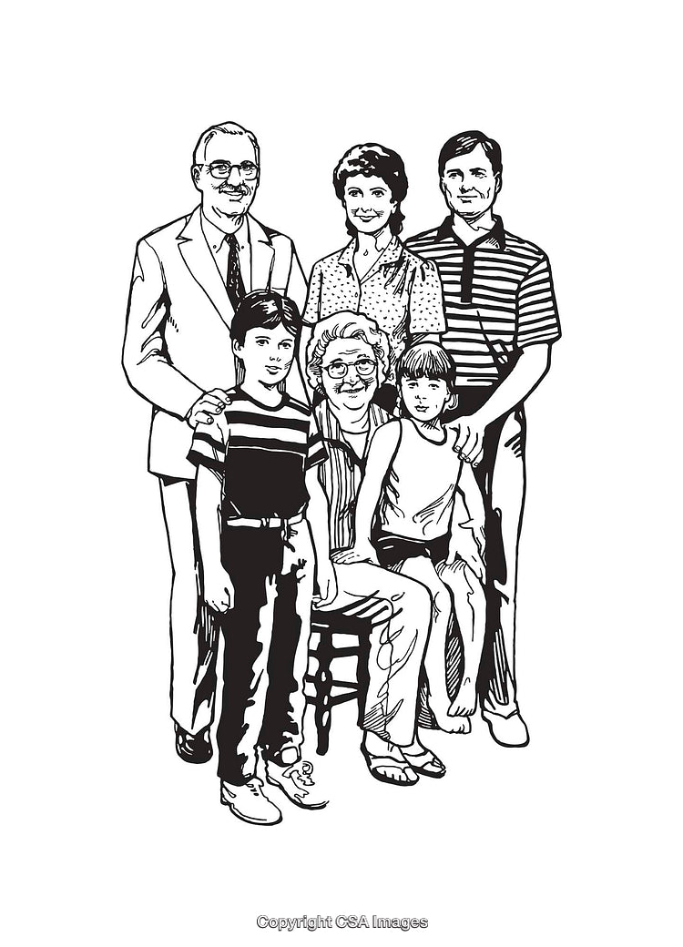 Black and White Line Art Illustration of a Family Portrait Scene