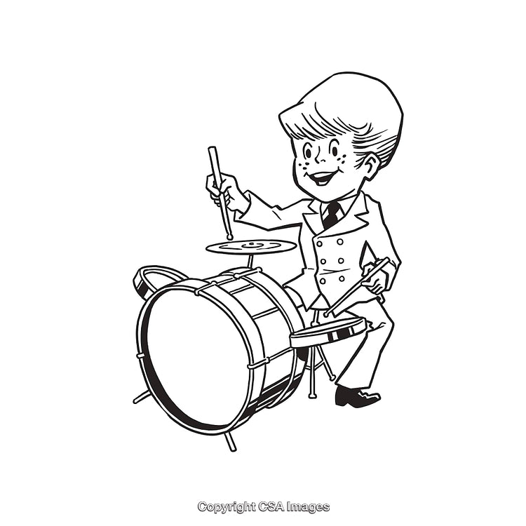 Black And White Line Art Drawing of Boy Playing Drum Set