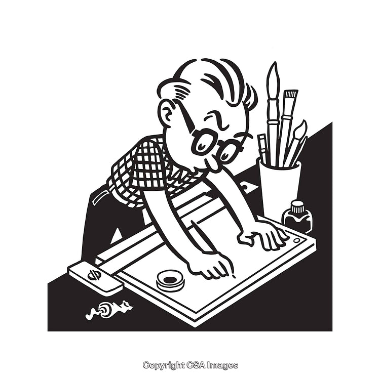Vintage Cartoon Artist Working on a Drawing at a Desk