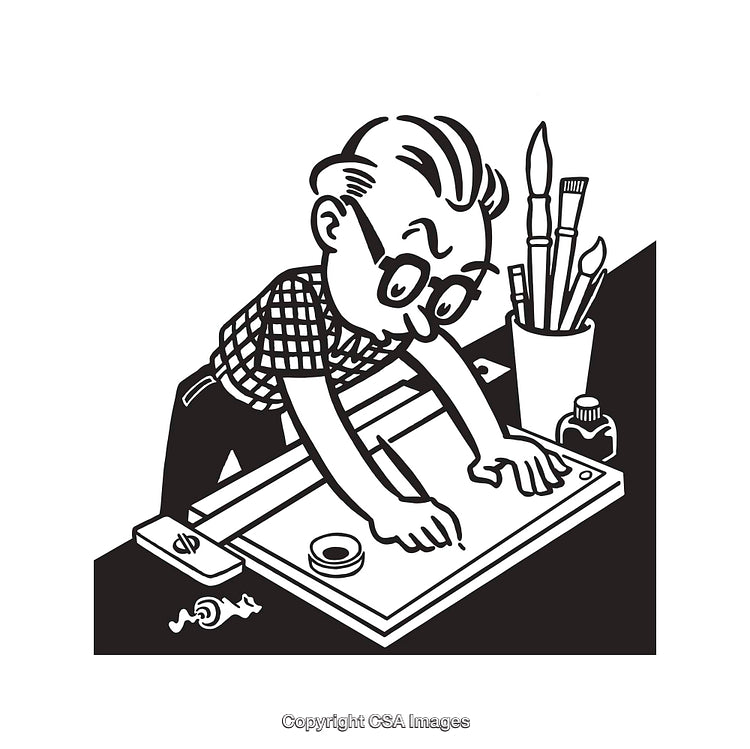Vintage Cartoon Artist Working on a Drawing at a Desk