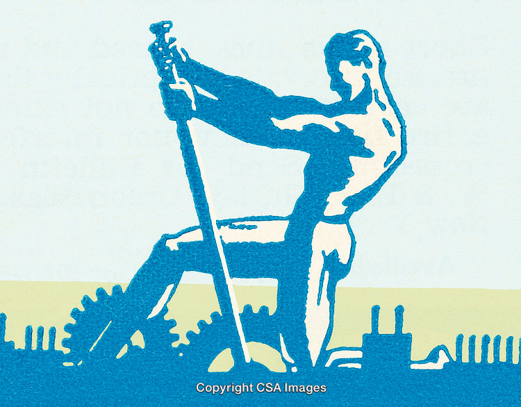 Silhouette of a Worker with a Lever in Vintage Art Style