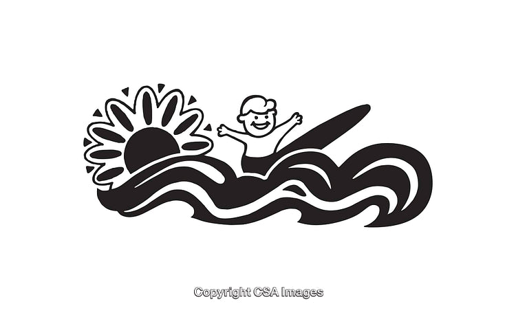 Black and White Illustration of Surfer and Sun in Line Art Style
