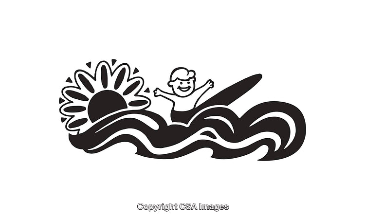 Black and White Illustration of Surfer and Sun in Line Art Style