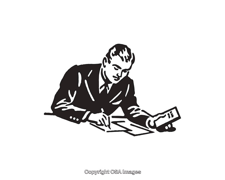 Black and White Illustration of a Businessman Writing on Paper