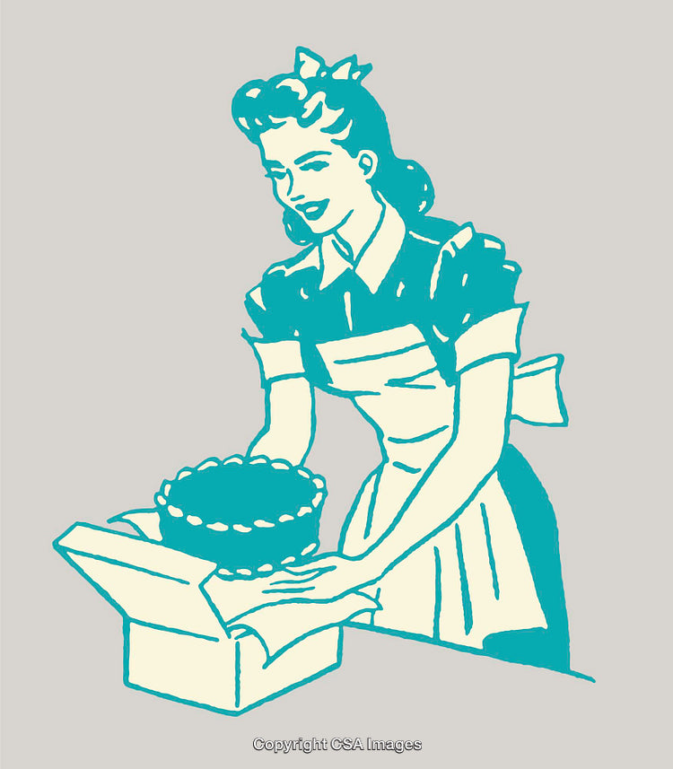 Retro Illustration of a Baker Packing a Fresh Cake Into a Box