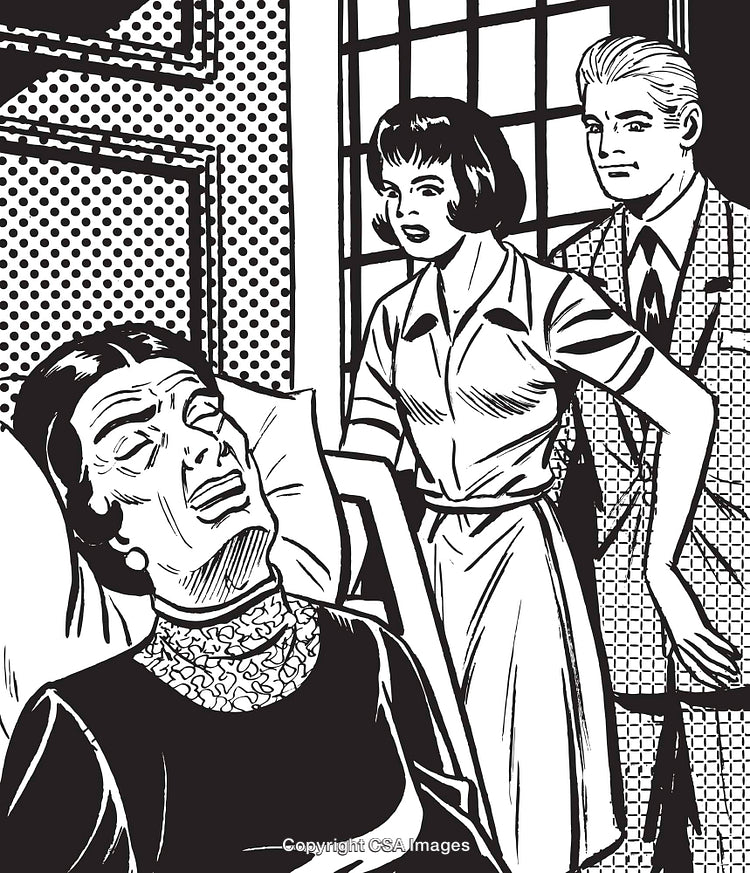 Retro Illustration of Three Characters in a Dramatic Scene in Monochrome