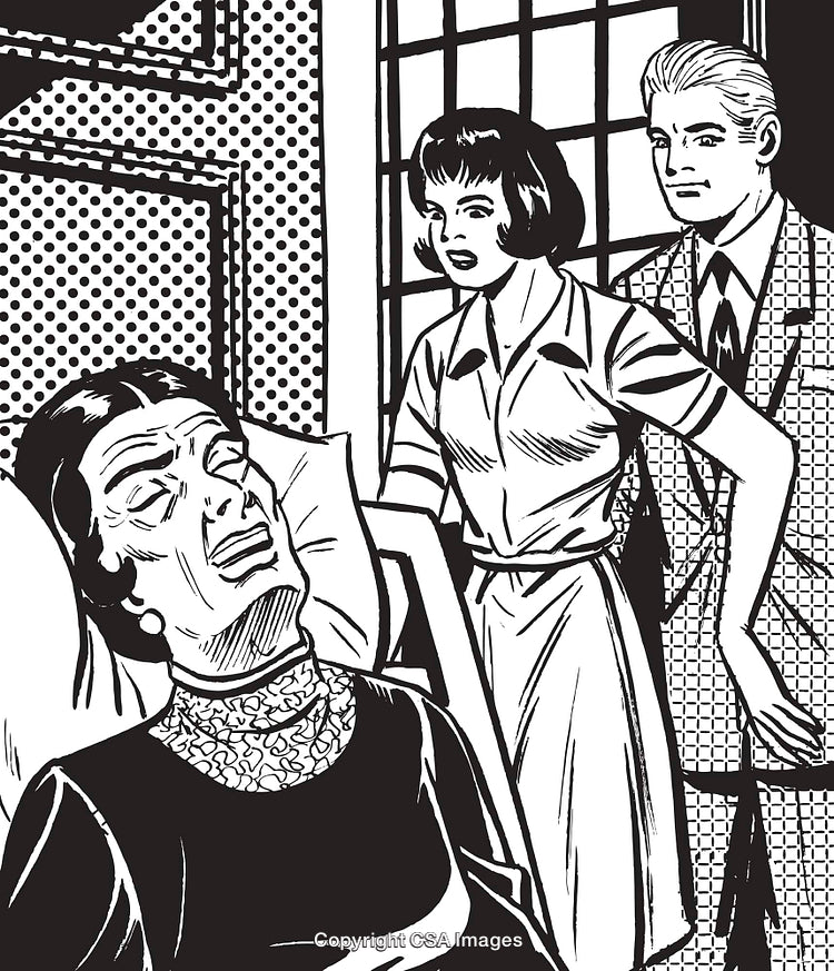 Retro Illustration of Three Characters in a Dramatic Scene in Monochrome