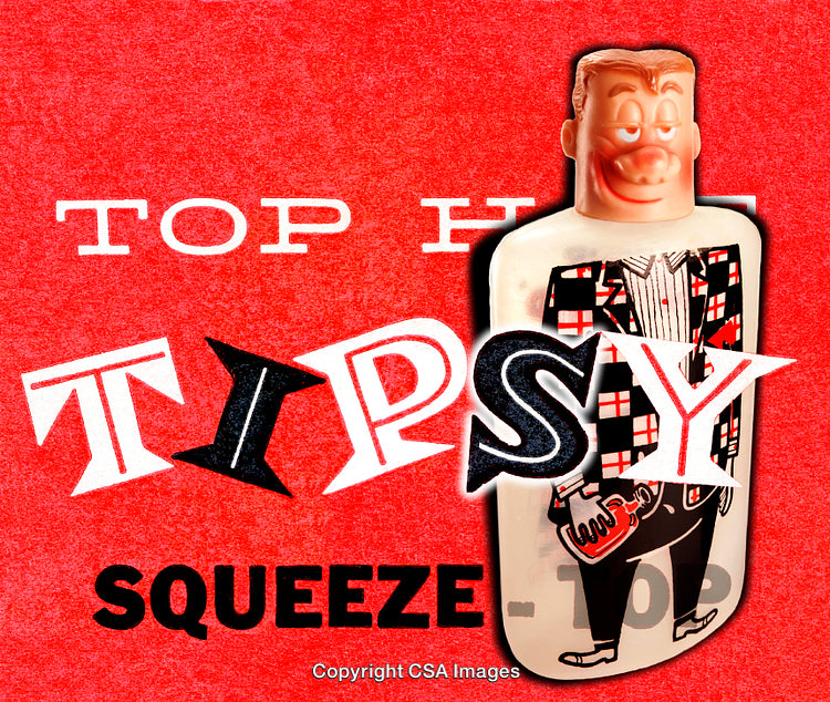 Retro Toy Bottle Featuring Comic Tipsy Character with Red Checkered Suit Design