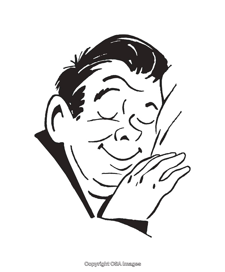 Black and White Illustration of a Smiling Relaxed Man Resting His Hands