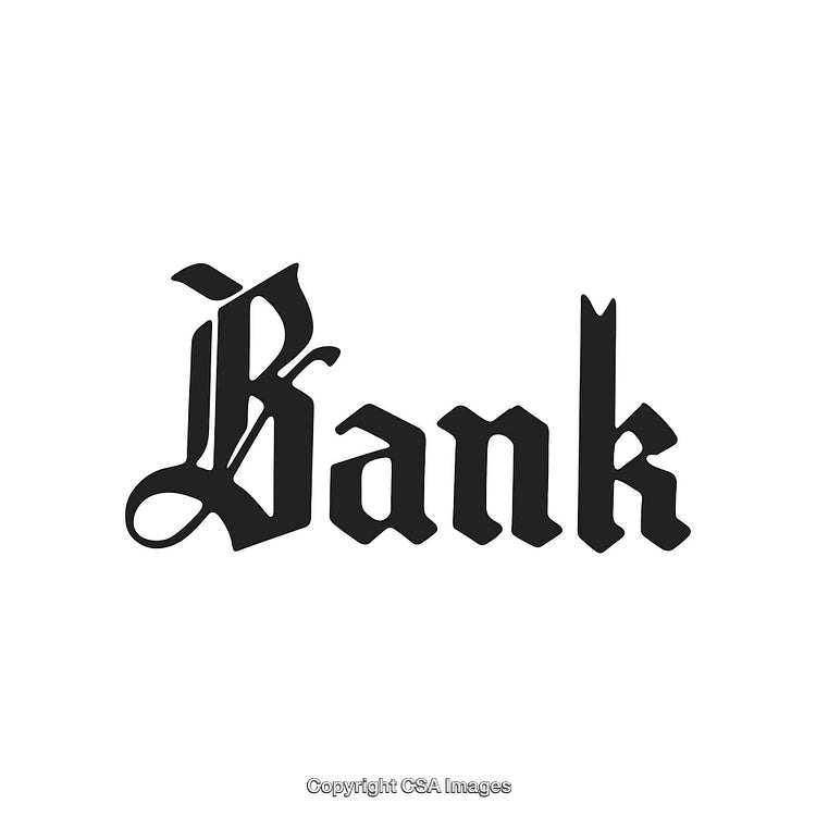 Gothic Style Typography of the Word Bank on White Background